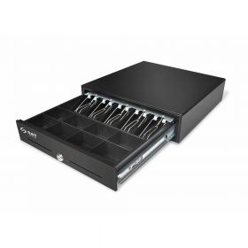 Cajón monedero SAT 119Z negro con rieles en balineras para punto de venta