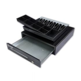 Cajón monedero SAT 119X-Mic negro con microswitch para punto de venta